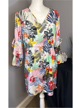Caribbean Joe Multicolor Tropical Print Rayon Dress- Small